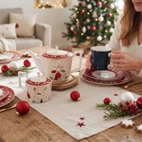 Service de table de Noël en porcelaine fine rouge, bord doré, motif sapin de Noël, tasse à café et soucoupe, mug, assiettes et bols