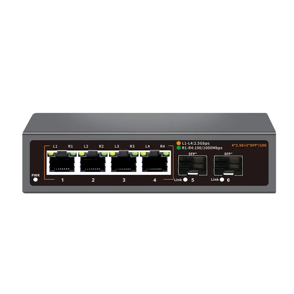 4* 2.5G base-t Ports+2*10G SFP+ Non-PoE Network Switch with 60Gbps Switching Capacity Unmanaged Ethernet Switch