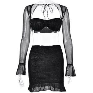 European And American Cross Border 2025 Spring Summer New Arrival <b>Square</b> Neck Flared Sleeve Backless Bodycon Skirt <b>Set</b> - Product Image 5