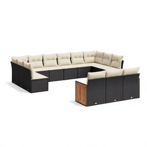 Cream White And Black <b>Rattan</b> Garden <b>Sofa</b> Set With Cushions 10 Seater Outdoor Furniture Contemporary Design Teak Wood Frame - Product Image 1