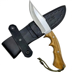 Hunting Knife Stainless Steel Fixed Blade Olive <b>Wood</b> Handle Leather Sheath Outdoor Camping Knifes Smooth <b>Edge</b> - Product Image 1
