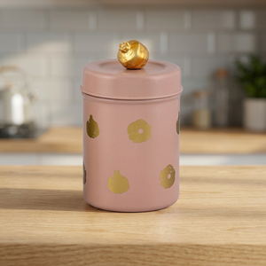 Boîte alimentaire ronde rose avec points dorés et couvercle, design moderne, en acier inoxydable - Product Image 2