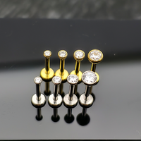 Hengsen ASTM F136 Titane plaqué platine/or, clou d'oreille à dos plat avec zircon, 16G, filetage interne, pour lobe d'oreille, hélix, mariage