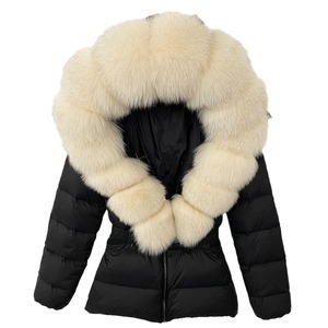 Áo khoác ngắn màu kaki dành cho nữ cỡ lớn lông tơ thật Fox <span class=keywords><strong>Fur</strong></span> Hood Trim mùa đông ấm áp Áo khoác phao có dây rút eo - Product Image 1