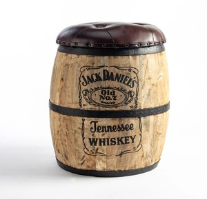 <b>Vintage</b> Leather & Mango Wood Barrel Pouf <b>Stool</b> - Product Image 5