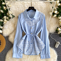 Chemise à manches longues pour femme en dentelle patchwork avec ceinture à nouer et boutons sur le devant, style décontracté pour le printemps