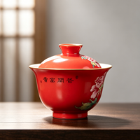 Ensemble Gaiwan en Porcelaine Rouge Vibrante de Chine de Qualité Supérieure, Motif Floral de Pivoine Traditionnel, Design de Prospérité, Bol à Couvercle 2 Pièces, Tasse à Thé Kung Fu