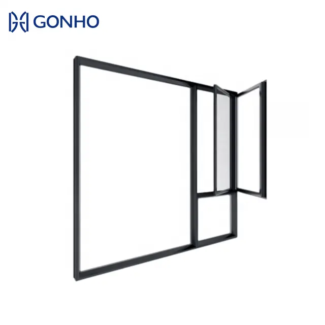 GONHO Double tempered glass hand-cranked aluminum-wood color acrylic double hanging casement window