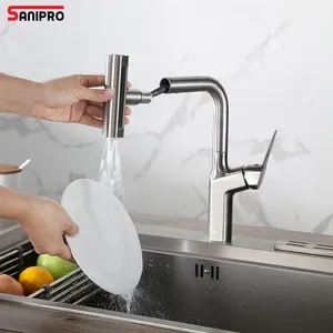 SANIPRO Luxury Single Handle Brushed Stainless Steel 4 Ways Sink Faucet SUS304 Waterfall Tap Pull Out Down Kitchen Mixer Taps