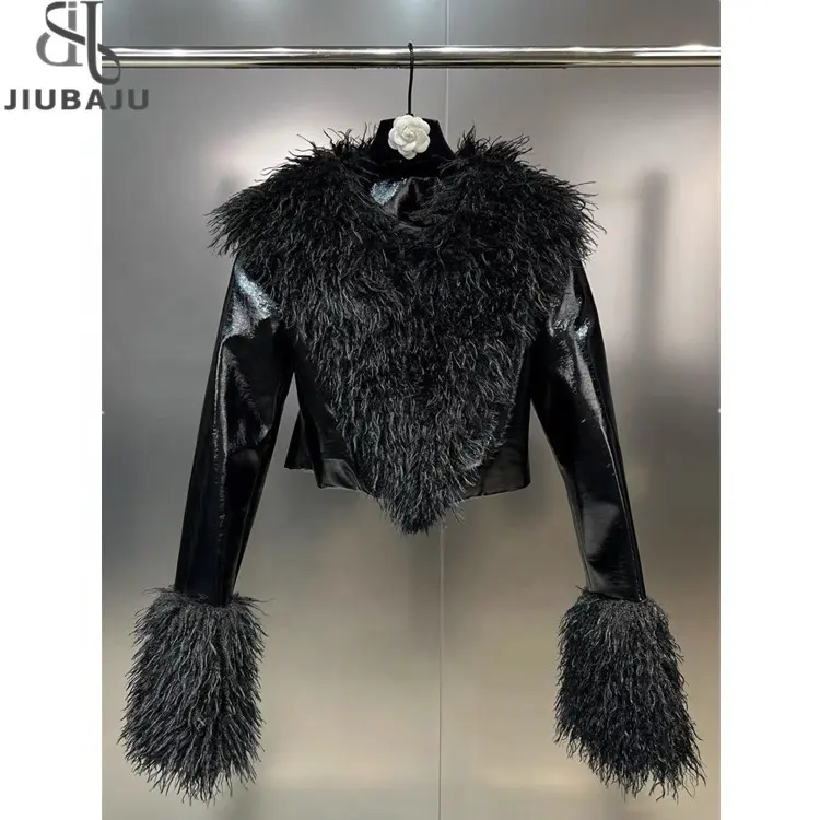 Winter Black New Plush Furry Wool Leather Splice Motorcycle Jacket Short Coat