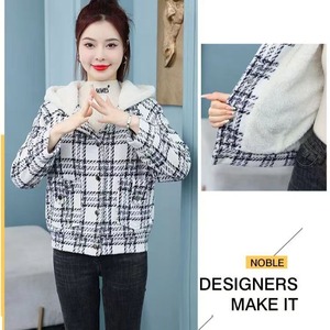 Hooded Plaid Short <b>Coat</b> For Women Thickened With Lamb Wool <b>Lined</b> Fleece Keep Warm Loose Fit Full Sleeve Winter Outerwear - Product Image 5