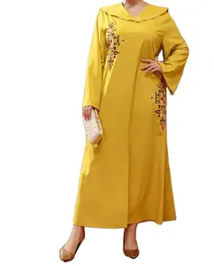 DL112 فساتين نسائية مطرزة بشعار مخصص فستان إسلامي طويل أنيق طويل الأكمام عباية مناسبة تنورة طويلة مقاس كبير متواضع