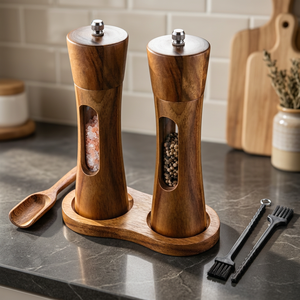 Acacia Wood Salt and <b>Pepper</b> <b>Grinder</b> Set with Stand, Adjustable Spice Mills, Custom Wooden Seasoning Shakers, OEM Wholesale - Product Image 4