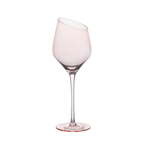 Série de verres à vin rouge à bord incliné, verres à vin rouge à pied de couleur rose en cristal soufflé à la main, uniques, pour mariage et fête - Product Image 5