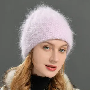 Winter High Quality Cashmere Wool Knitted Hats Fashion Double Layer Thick Warm Ladies Long Angora Wool Winter Beanie For Women