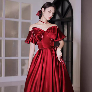 Red Off The Shoulder Evening Gown Long Claret Polyester Simple Design Bridal Dress For Engagement Or Wedding Return Home - Product Image 2