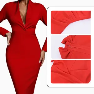 BEISHI Women Lady Elegant High Quality Sexy Deep V Neck Red Long Sleeve Casual Midi Bandage Dresses For Women Bodycon