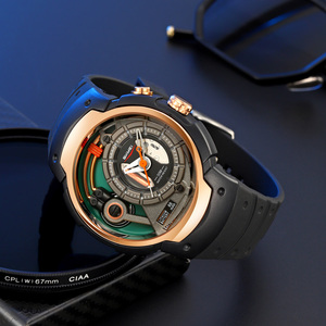 Reloj mecánico futurista para hombre, esqueleto redondo, resistente al agua 30M, reloj de pulsera de cuarzo con correa de silicona - Product Image 1