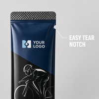 Sachet de gel énergétique imprimé sur mesure avec fermeture arrière et encoche de déchirement pour nutrition sportive, emballage alimentaire de qualité alimentaire avec faible MOQ