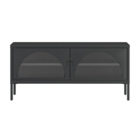 Meuble TV moderne et simple en verre noir et acier avec étagères de rangement ouvertes, design de porte cintrée, personnalisable, pour salon