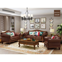 Ensemble de Canapés Européens Classiques en Bois Massif et Cuir Véritable de Luxe 1 2 3 Places, pour Salon, Maison et Hôtel (Vente en Gros)