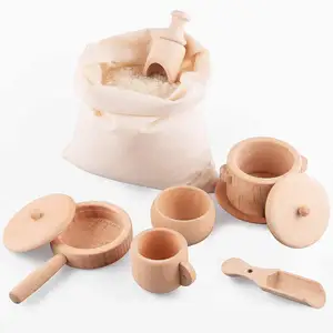 Mainan Montessori 8 Buah Mainan Tempat Sampah, Sendok dan Penjepit Peralatan Makan Kayu untuk Mainan Balita