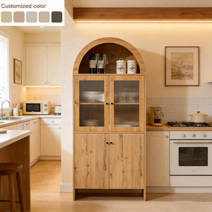 <span class=keywords><strong>Meuble</strong></span> de rangement vintage français 2026 avec armoire à vin, dessus arqué, portes cannelées et vitrine en verre pour <span class=keywords><strong>cuisine</strong></span> et salon - Product Image 1