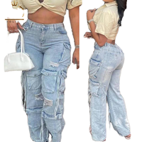 Pantalon en jean tricoté respirant de haute qualité pour femme, taille haute, coupe ample, style cargo, jambes larges, streetwear, couleur unie, délavé foncé/clair