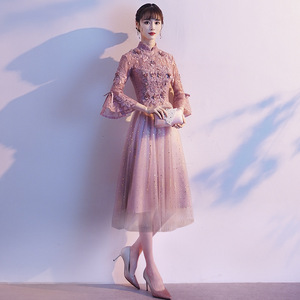 Pink Evening Gown Women Empire Waist Stand Neckline Long Sleeve Sparkle Tulle Wedding Party Dress 2026 Spring Style - Product Image 4