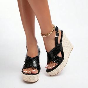 Sandales <span class=keywords><strong>compensées</strong></span> <span class=keywords><strong>noires</strong></span> <span class=keywords><strong>chic</strong></span> faites à la main pour femmes, à bout ouvert, talon de 10 cm, <span class=keywords><strong>chaussures</strong></span> à plateforme pour femmes - Product Image 2