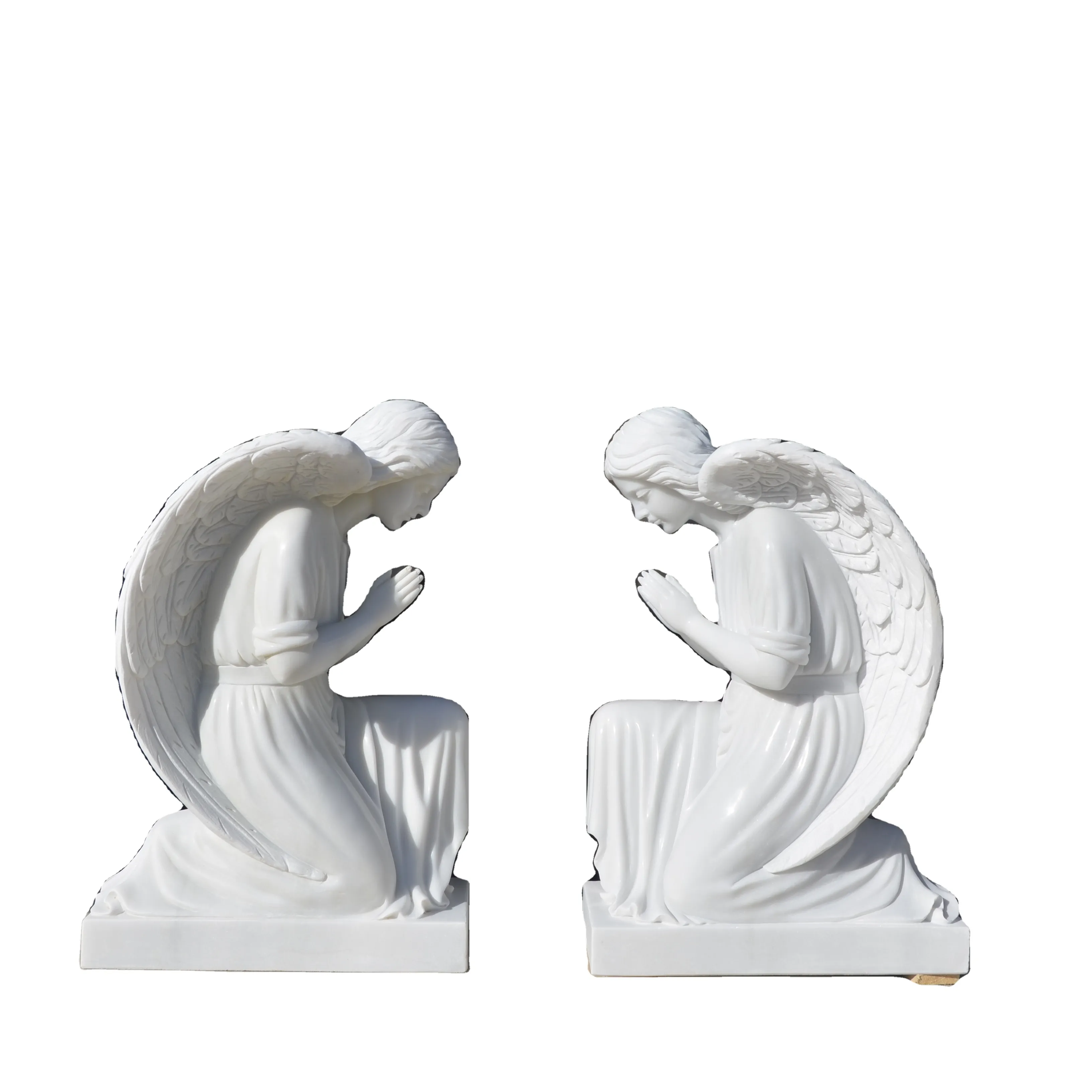 Outdoor Natuursteen Hand Carving Wit Gebed Marmer Angel Knielen Sculptuur Standbeeld