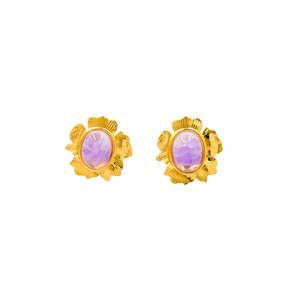 Boucles d'oreilles tendance en acier inoxydable 316L plaqué or PVD, design floral ovale avec pierre violette - Product Image 1