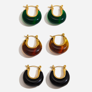 Huggie <b>Earrings</b> Resin Geometric Design Gold Tone Black Green Brown Color Stainless Steel Ear <b>Post</b> Fashion Jewelry - Product Image 1