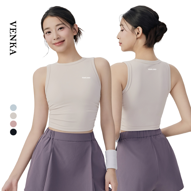 Summer New Women's Fitness Cool Feeling Vest Neck Ruched Waist Sports Top Soft Breathable Yoga Sleeveless Lightweight Seamless