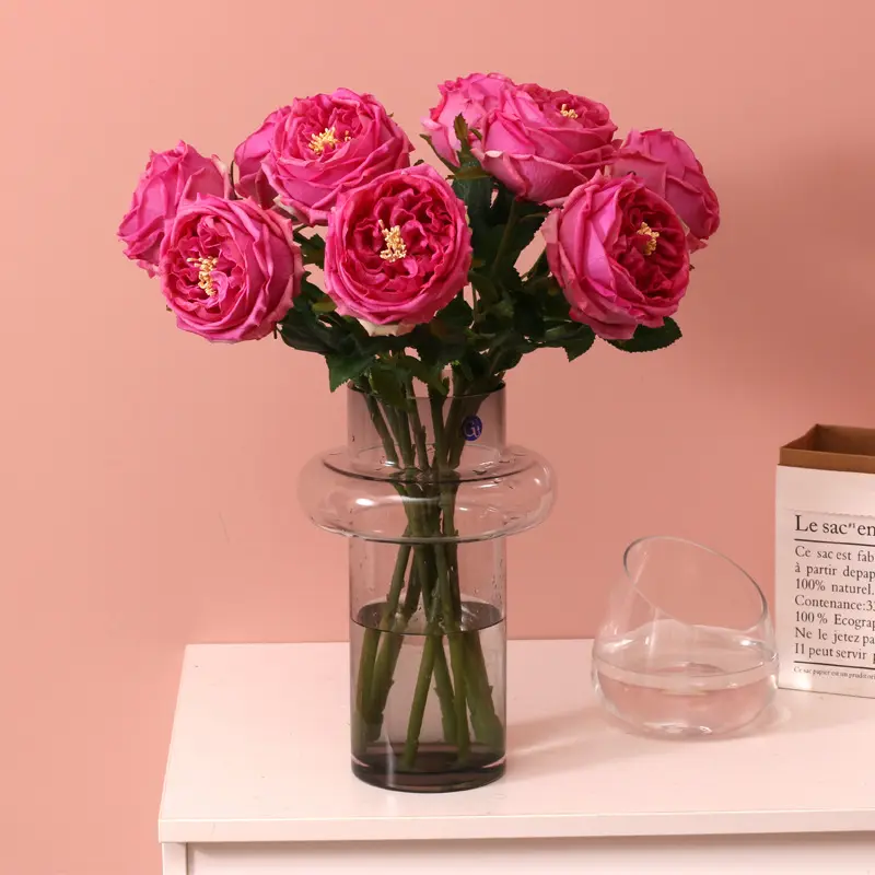 Botões de cetim de fábrica profissional de 45 cm flor rosa artificial de toque real para decoração de sala de saída