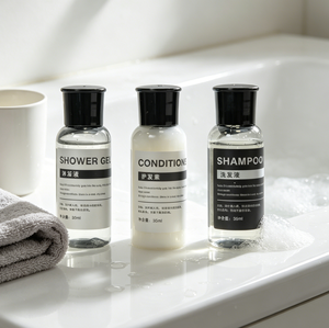 Mini Botella de Champú de Vidrio Transparente para <span class=keywords><strong>Hotel</strong></span>, Set de Baño de Viaje de 35 ml, Tapa Abatible Negra de PE, Artículos de Aseo para Hoteles - Product Image 5