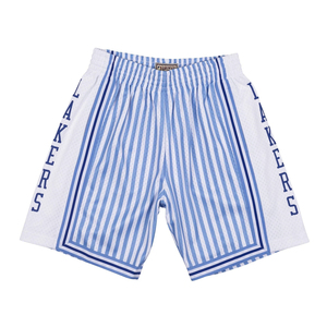 Shorts de basket-ball pour homme Healy, bleu et blanc rayés, taille élastique, respirant, en mesh, décontractés, avec impression latérale des Lakers - Product Image 1