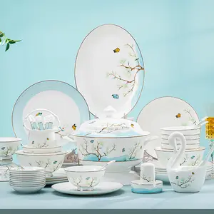 Dinner Set Plate Ceramic Bone China Floral Design Luxury Dishes White 60 Heads Plates Bowls Sets Dinnerware