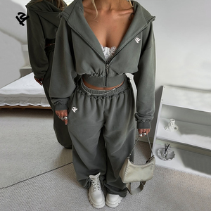 Abbigliamento Donna all'Ingrosso, Set Streetwear 2 Pezzi con Felpa Corta con Zip e Pantaloni Larghi, Tuta Oversize - Product Image 1