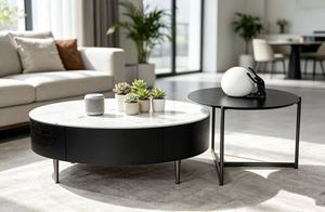 Table basse ronde moderne avec plateau en marbre, structure en métal, rangement, meubles de salon - Product Image 3