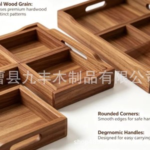 Jiufeng Solid Wood Serving <b>Trays</b> Rectangular With Compartments Handle For Home Tea Fruit <b>Dinner</b> Use - Product Image 4