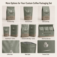 Ensemble de sacs à café à fond plat et de boîtes cadeaux imprimés sur mesure avec valve et fermeture éclair pour torréfacteurs et emballages de vente au détail sous marque privée