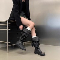 Bottes de moto mi-mollet décontractées pour femmes en similicuir vintage à faible MOQ, bout rond plat, avec boucle, pour automne-hiver, ODM