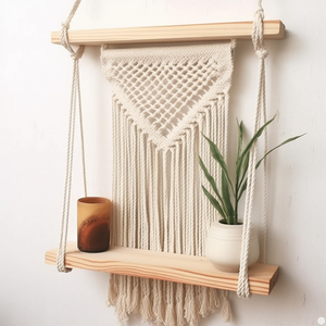 Handcrafted Boho Macrame Hanger Wall Hanging with <strong>Rope</strong> <strong>Shelf</strong> - Artisanal Bohemian Decor - Product Image 1