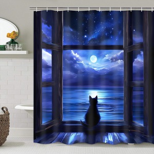 Rideau de Douche en Polyester Imprimé Numérique Motif Chat Ciel Nocturne Bleu, Imperméable, Personnalisable, Ensemble de Rideaux de Douche, Vente en Gros - Product Image 5