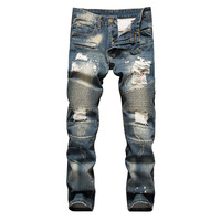 Nouveau style Pantalon homme déchiré et usé avec empiècements artistiques, coupe skinny motard, noir et bleu, en jean