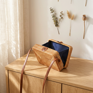 Handmade Natural Rattan Woven Crossbody Shoulder <b>Bag</b> Vintage Brown Rectangular <b>Straw</b> Handbag for Women - Product Image 3