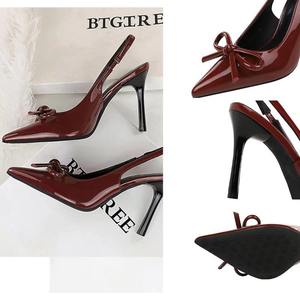 Escarpins à bout pointu pour femmes, avec nœud décoratif, talon moyen, antidérapants, talons fins, dessus en PU, à enfiler, sandales de soirée formelles - Product Image 3