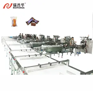 Cupcake bread toast bun chocolate cake bar flow packing machine horizontal automatic packaging line with feeding conveyor