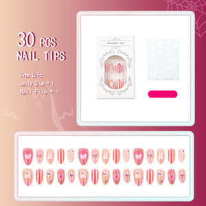 Ongles à presser en ABS rose fantôme tendance pour Halloween, couvrance totale, avec colle, motifs mignons cœur, citrouille, carreaux, style français, vente en gros - Product Image 2